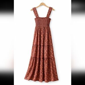 Dip Floral Smocked Tiered Maxi Dress NWT Ruffled Straps Mauve Print Size XL